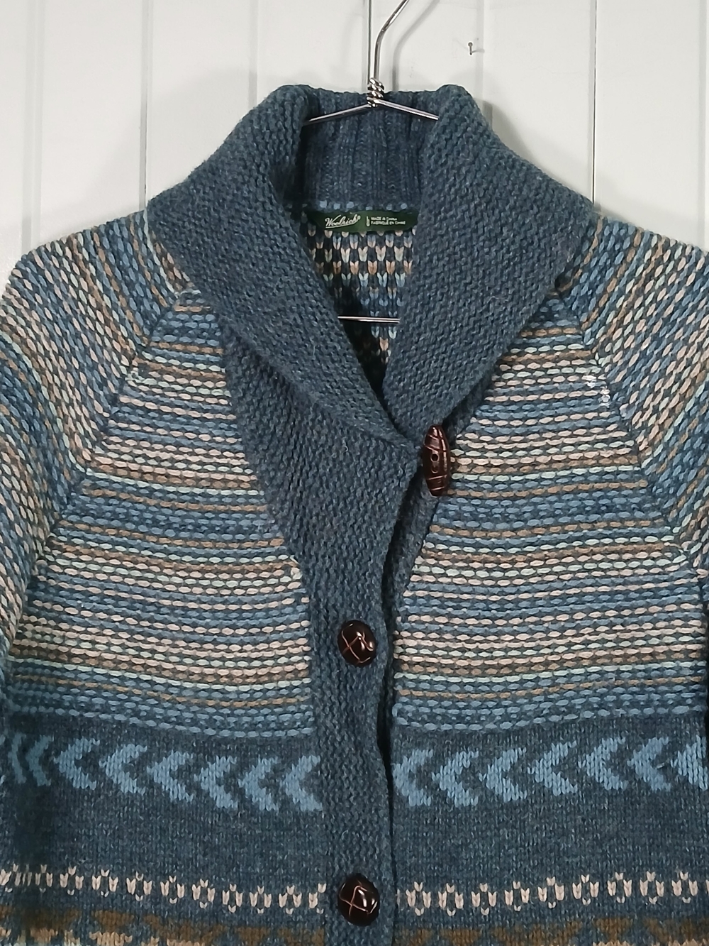 Vintage Woolrich Shawl Collar Blue Fair Isle Cardigan Sweater - Picture 3 of 8